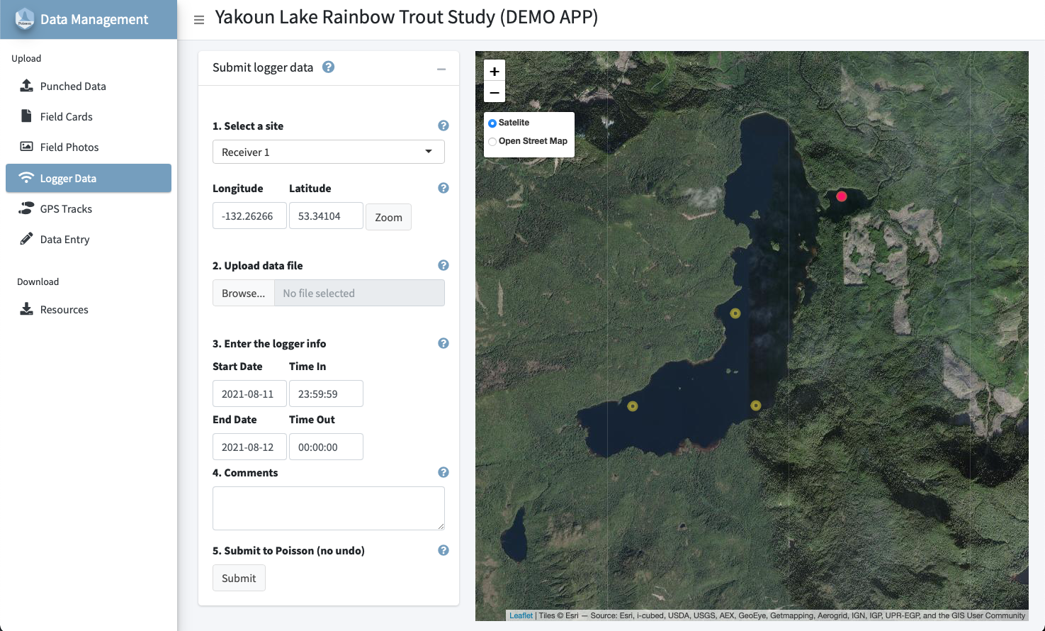 A screenshot of the demo shiny upload app for Yakoun Lake, Haida Gwaii
