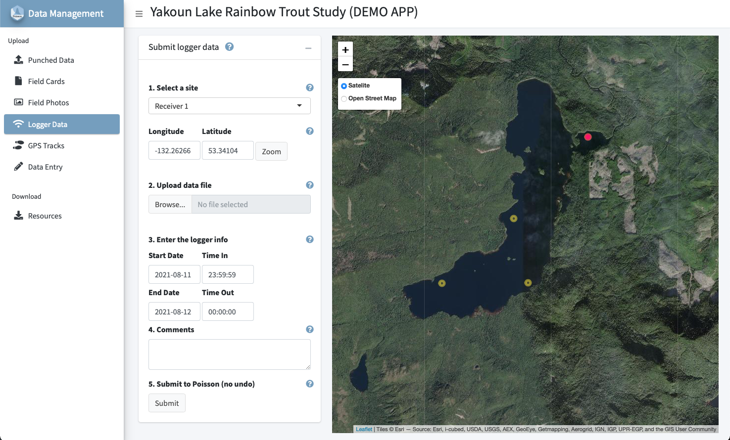 A screenshot of the Columbia Basin Hydrological Database shiny app A screenshot of the demo shiny upload app for Yakoun Lake, Haida Gwaii