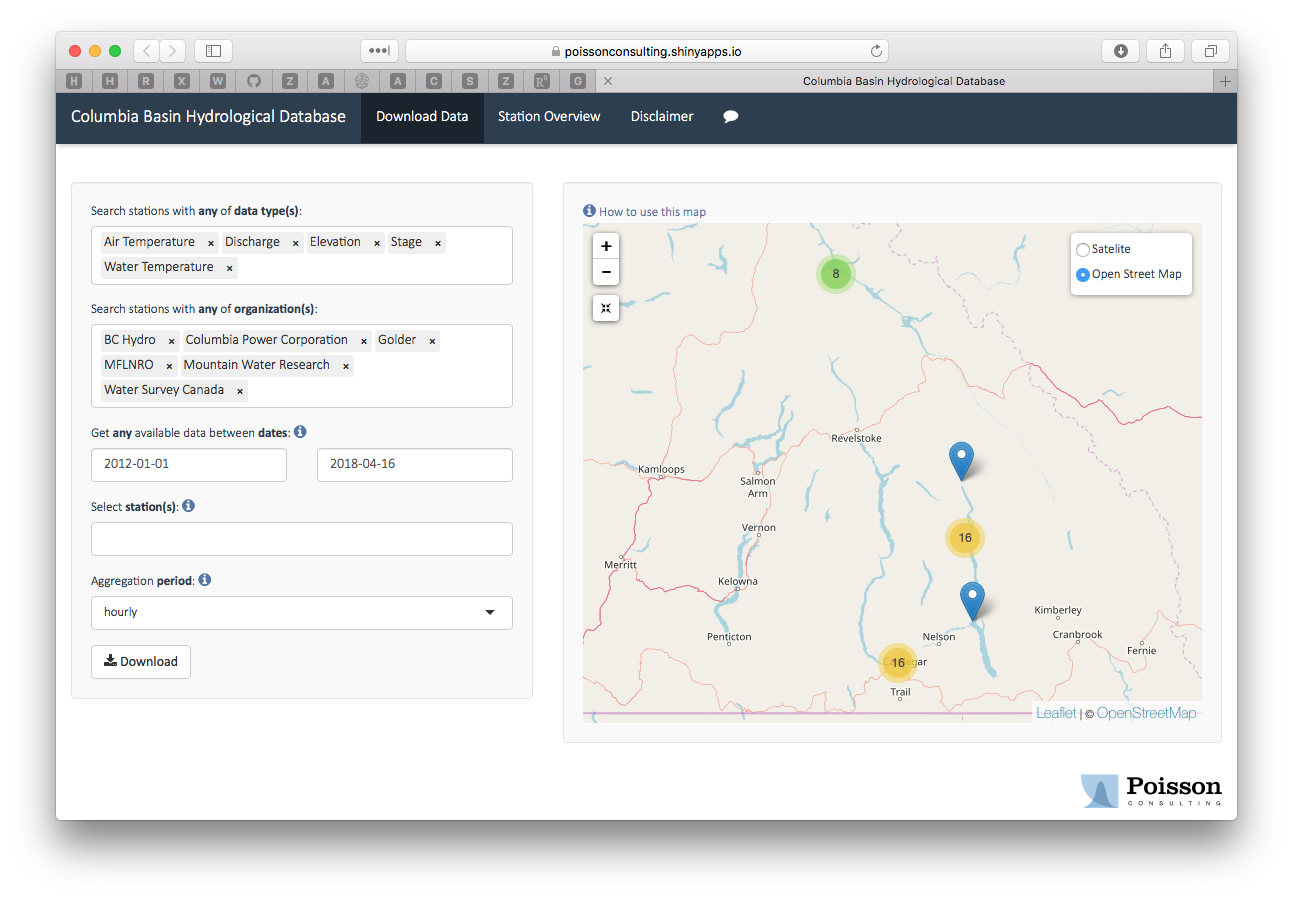 A screenshot of the Columbia Basin Hydrological Database shiny app