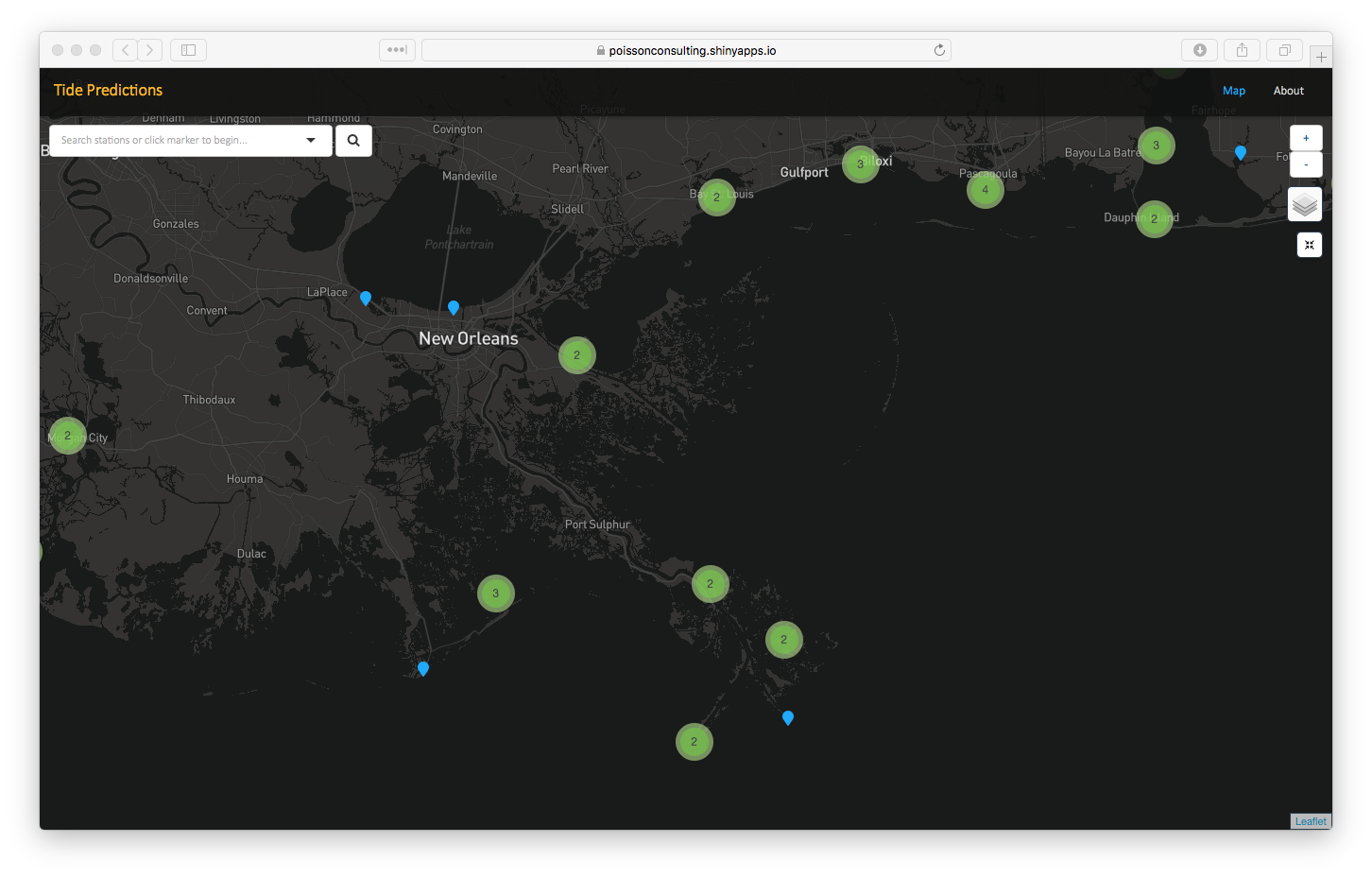 A screenshot of the stations map from the Tide Predictions shiny app